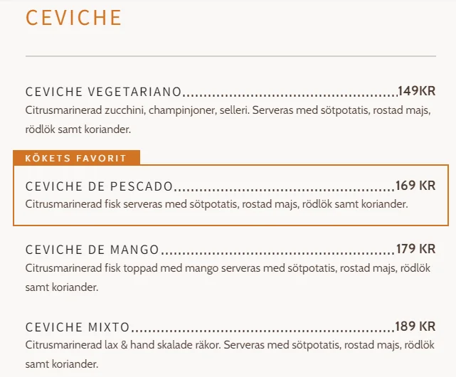 Ceviche Taste Of Peru Meny Priser Sweden