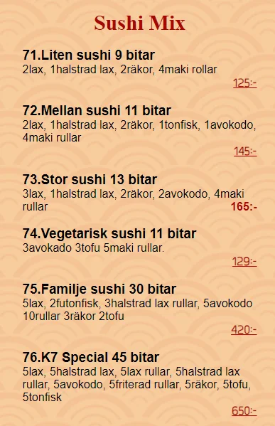 K7 Thai Sushi Sushi Mix Meny